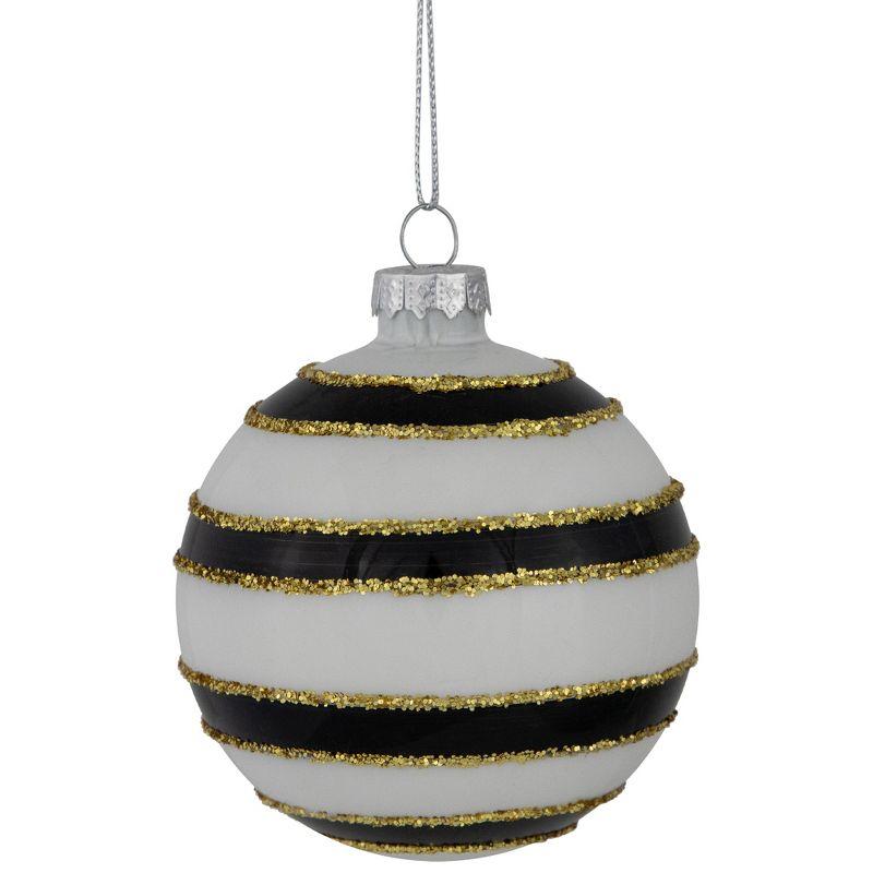 Northlight Shiny Finish Striped Christmas Glass Ball Ornaments - 3" (80mm) - White and Black  - Set of 4