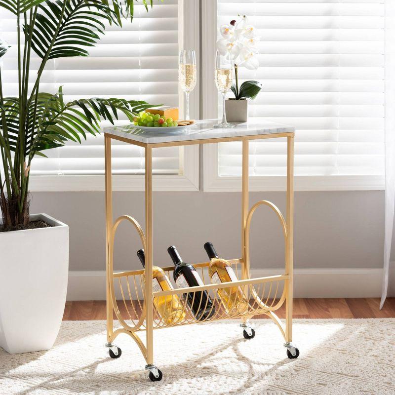 Gold Metal Wine Cart with Marble Top and Storage