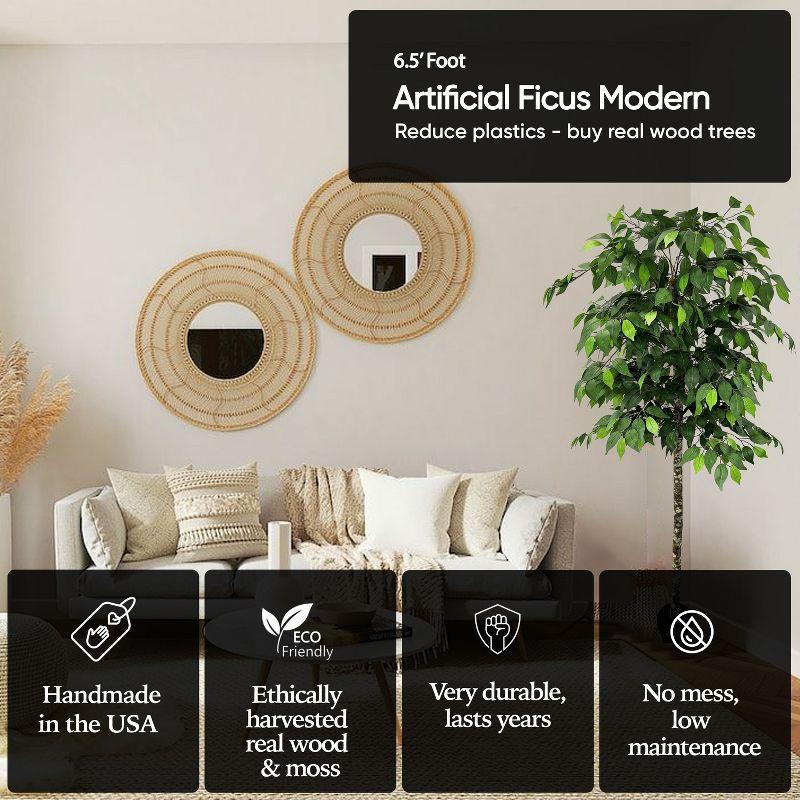 Cypress & Alabaster | Handmade Modern Style 6.5' Artificial Ficus Tree In Home Basics Plastic Pot Made With Real Wood And Moss Accents