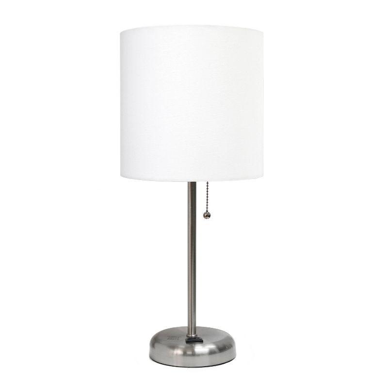 Creekwood Home Oslo 19.5" Power Outlet Base Metal Table Desk Lamp in Brushed Steel with Feit LED (Includes LED Light Bulb) White