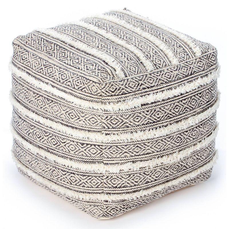 Portales Moroccan Inspired Pouf Gray/Ivory - Anji Mountain: Cotton & Wool Blend, Footrest, Fair Trade Certified