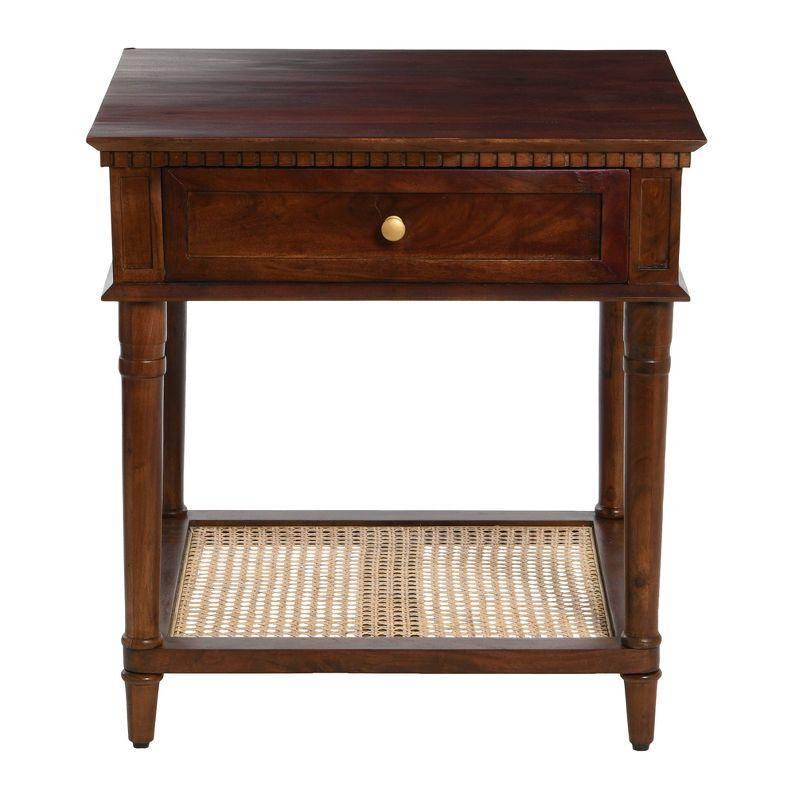 Storied Home Maxwelton Solid Wood End Accent Table Dark Chestnut/Natural: Traditional Style, Cane Shelf, Hidden Compartment