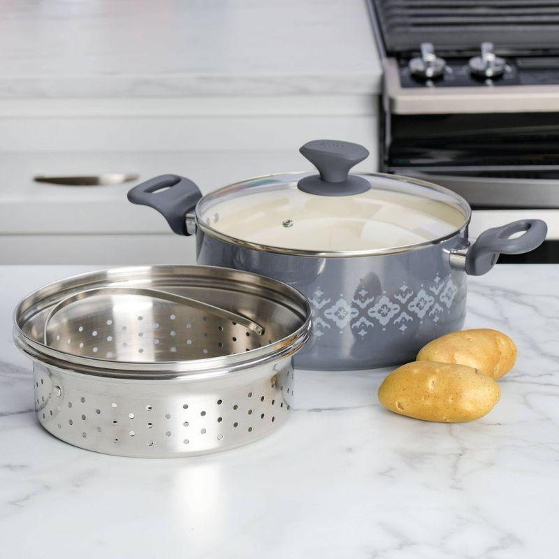 Spice by Tia Mowry Spice By Tia Mowry Savory Saffron Nonstick Ceramic Dutch Oven With Stainless Steel Steamer, 5-Quart, Charcoal, Enamel Exterior, Stay-Cool Handles