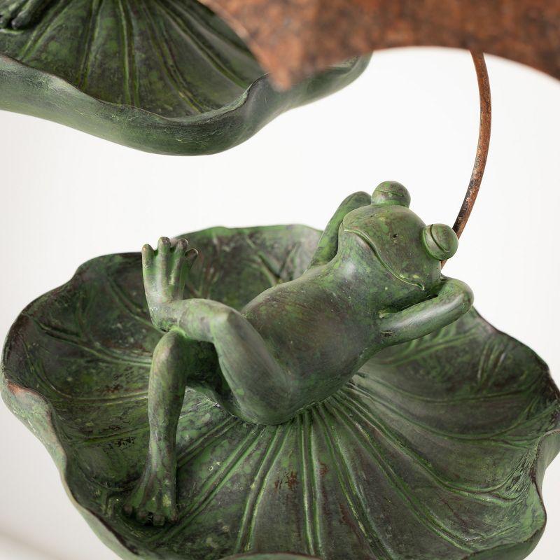 Whimsical Green Ceramic Frog Bird Feeders with Copper Umbrellas, Set of 2