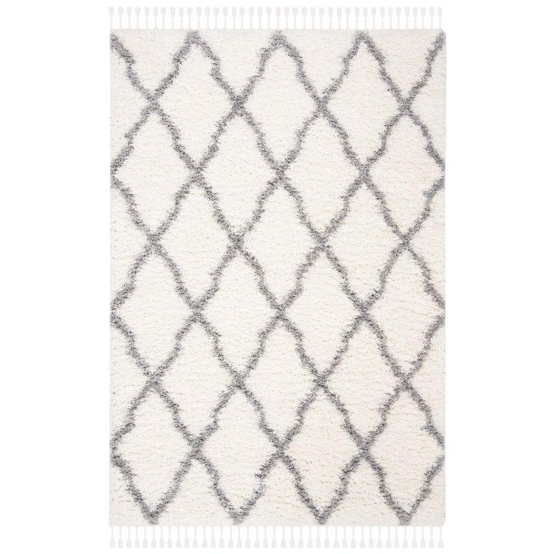 Ivory and Light Grey Diamond Shag Area Rug with Tassels