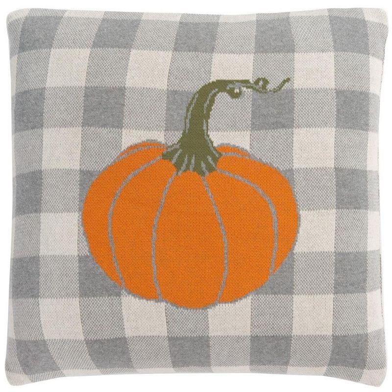 Grey and Orange Checkered Fall Pumpkin Pillow 21" x 21"