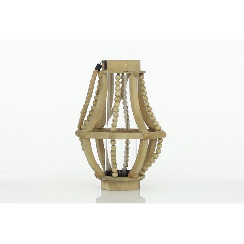 Beige Beaded Rustic Wooden 16'' Candle Lantern with Rope Handle