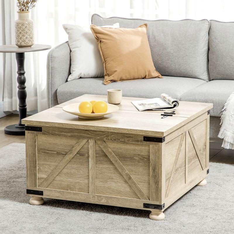 Rustic Farmhouse Square Coffee Table with Hidden Storage, Brown Wood