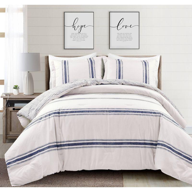 Lush Décor 3pc California King Farmhouse Stripe Reversible Oversized Comforter Set Navy Blue: Machine Washable, OEKO-TEX Certified