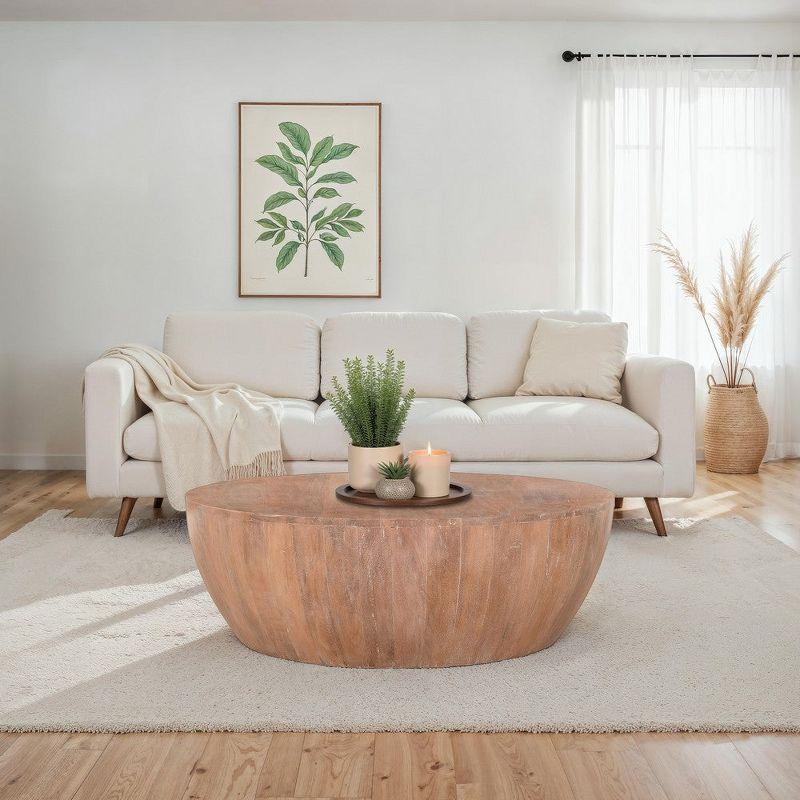 Arthur Drum Shape Wooden Coffee Table with Plank Design Base, Distressed Brown - UPT-32182 Brown