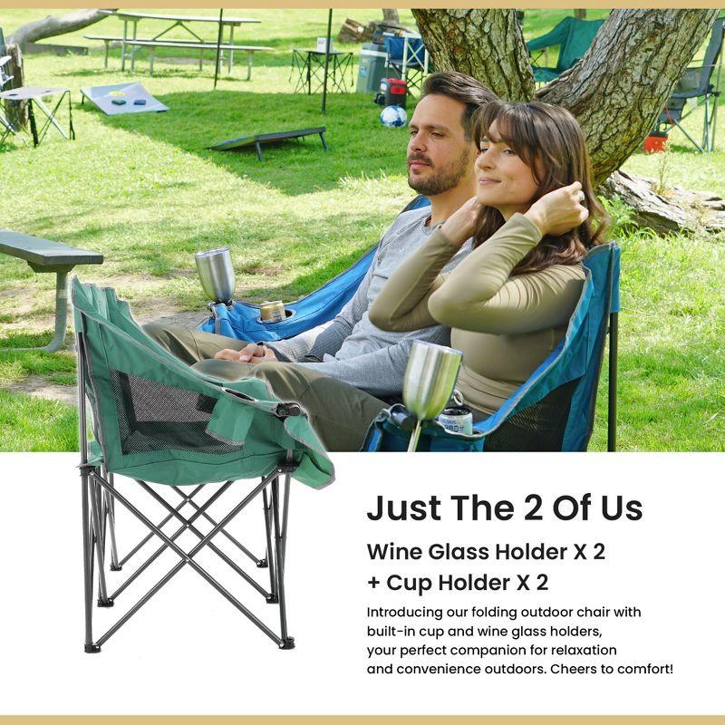 Arrowhead Outdoor Portable Folding Double Duo Camping Chair Loveseat Couch w/ 2 Cup & Wine Glass Holder, Supports up to 500lbs (Forest Green)