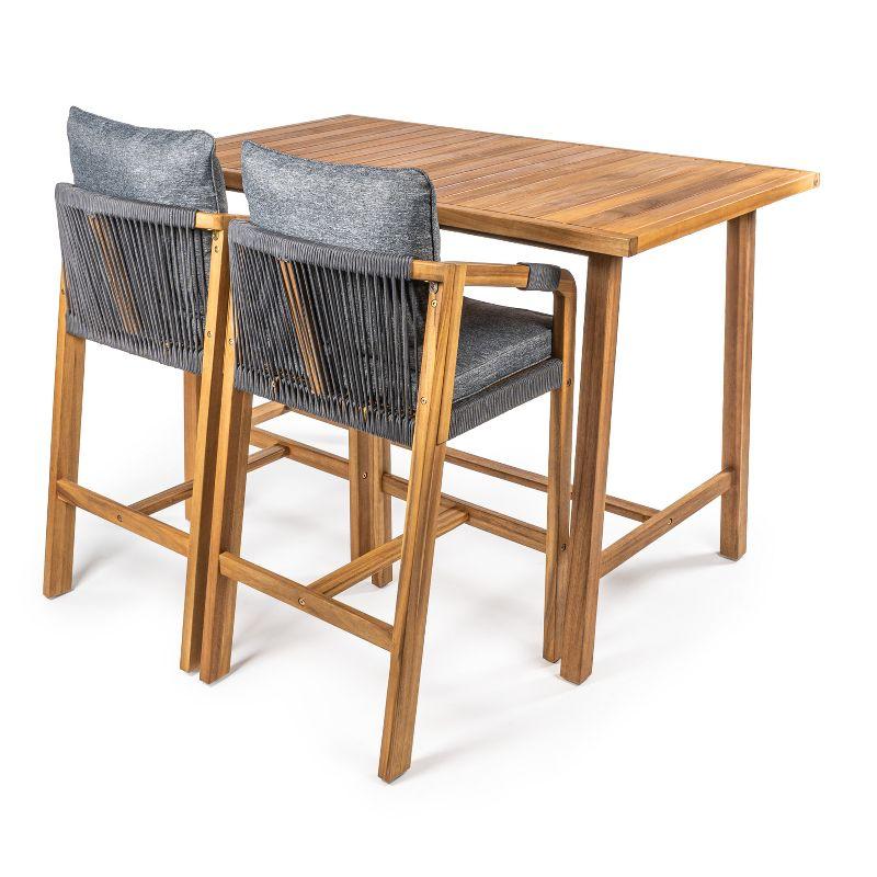 Porto Modern Coastal 3-Piece Acacia Wood Outdoor Bar Set with Cushions