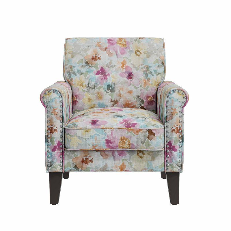 Handy Living Janet Traditional Rolled Arm Accent Chair with Pewter Nailheads Floral Pattern Pink