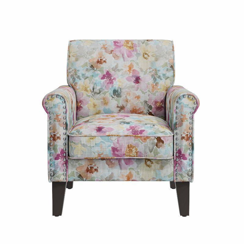 Handy Living Janet Traditional Rolled Arm Accent Chair with Pewter Nailheads Floral Pattern Pink