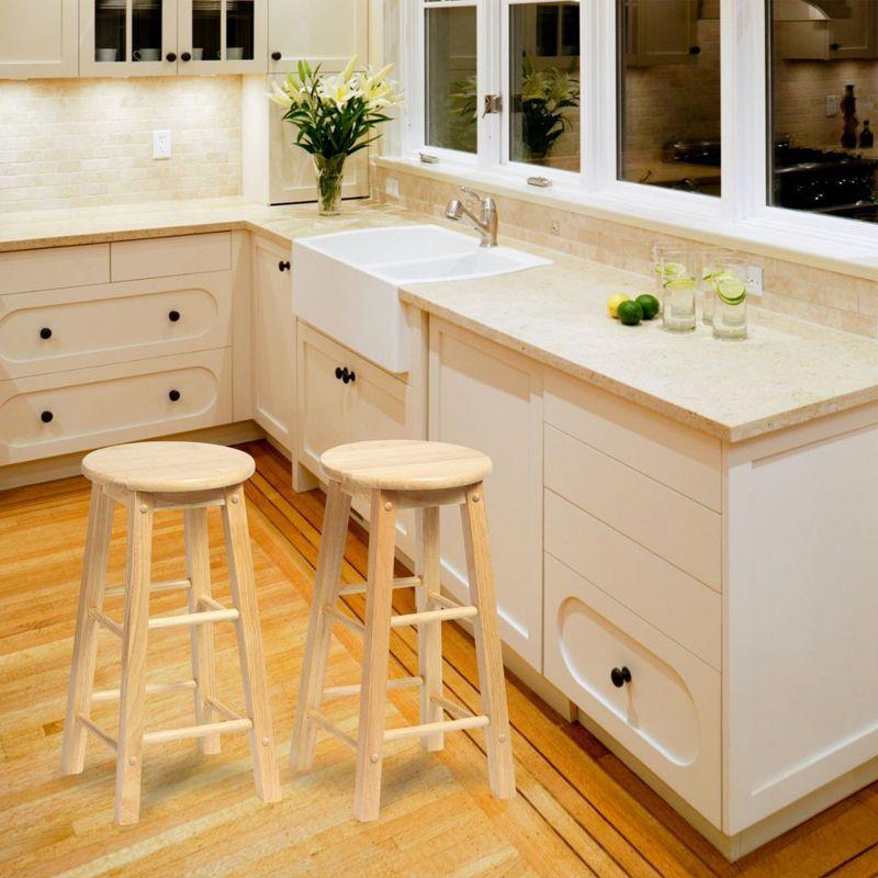 PJ Wood Round-Seat 24 Inch Tall Kitchen Counter Stools for Homes, Dining Spaces, and Bars with Backless Seats, 4 Square Legs, Natural, Set of 2
