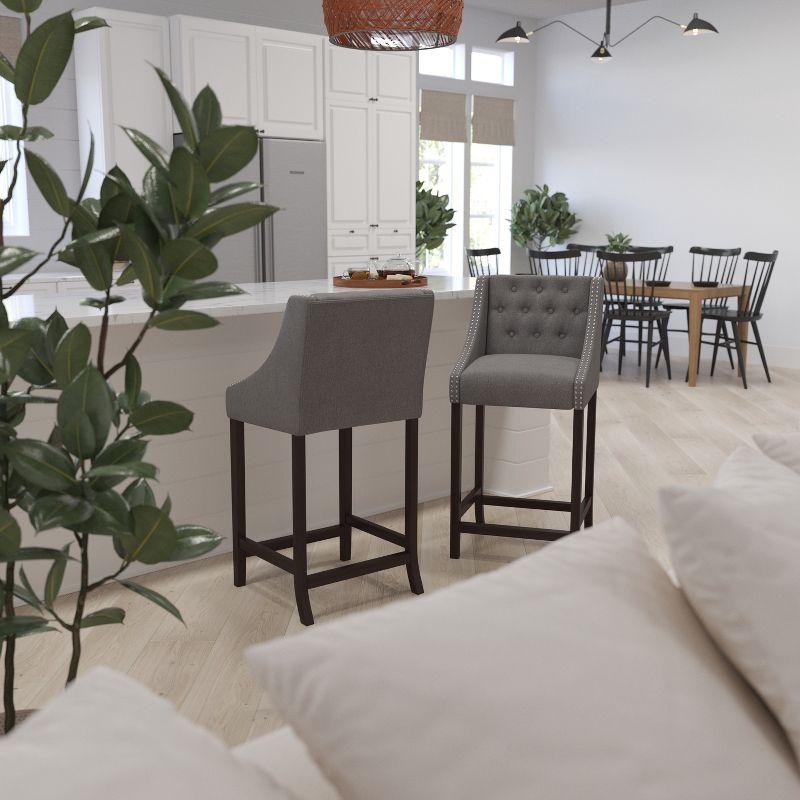 Merrick Lane Upholstered Barstool 30" High Transitional Tufted Walnut Barstool with Accent Nail Trim in Dark Gray Fabric