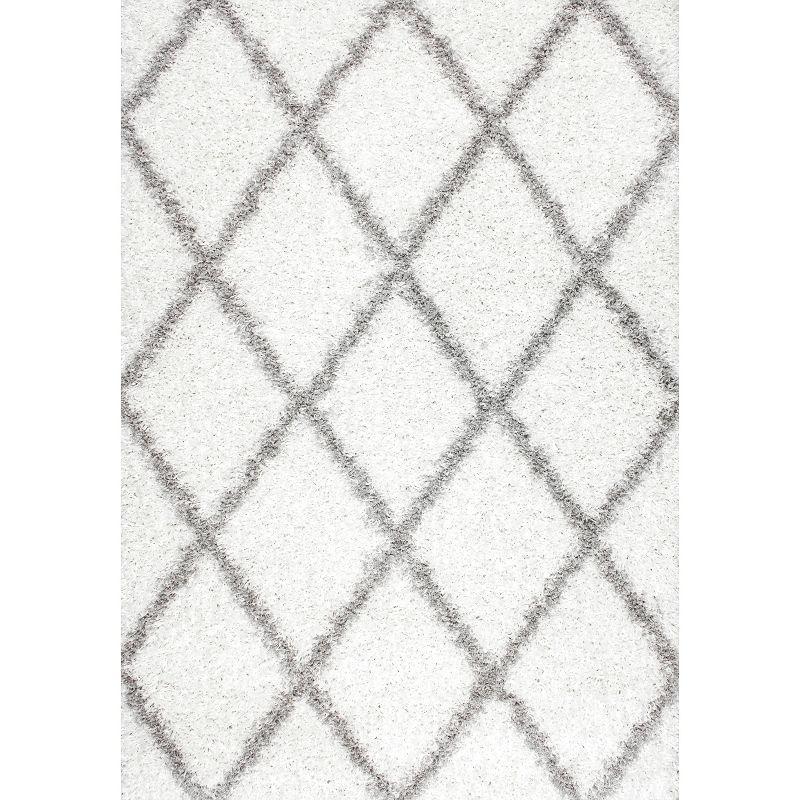 Plush Moroccan Shag Area Rug with Lattice Design, 52" Square, White