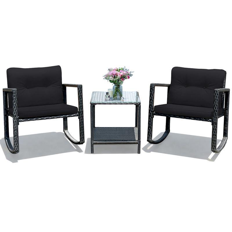 Costway 3PCS Patio Rattan Furniture Set Rocking Chairs Cushioned Sofa Black