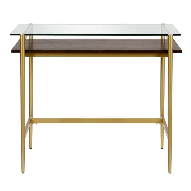 Eaton Mid-Century Brass Desk with Tempered Glass Top and Walnut Shelf