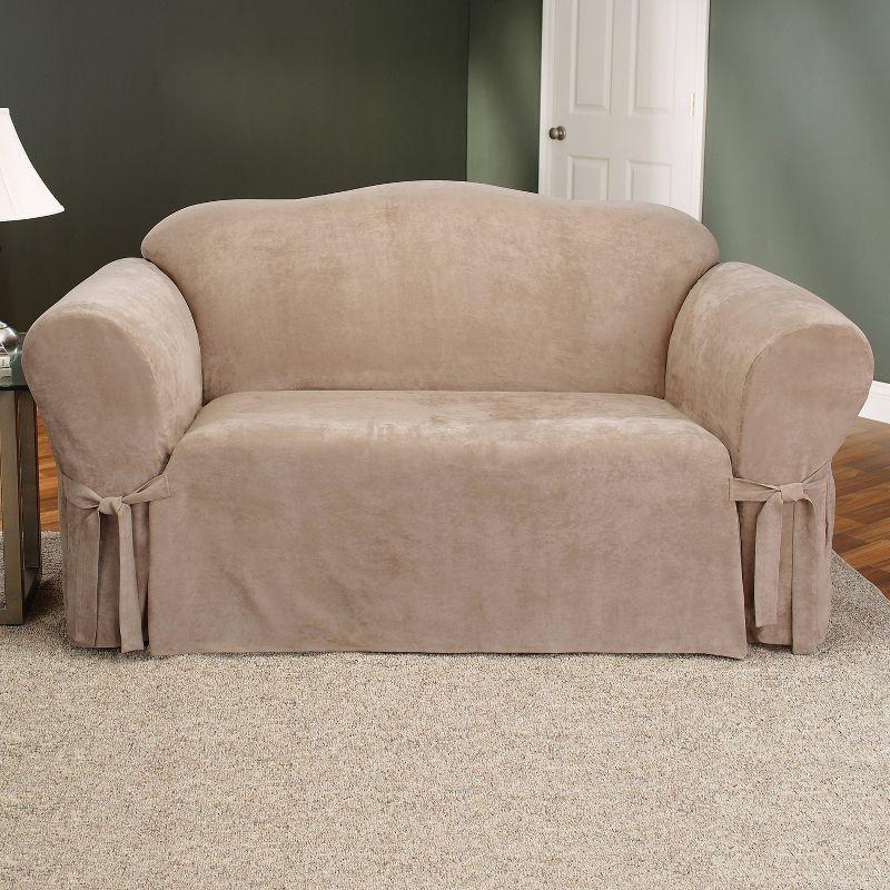 Taupe Stretch Suede Loveseat Slipcover with Side Ties