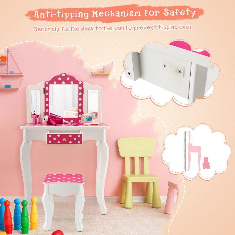 Costway Kid Vanity Set Wooden Makeup Table Stool Tri-Folding Mirror Polka Dot Print Pink