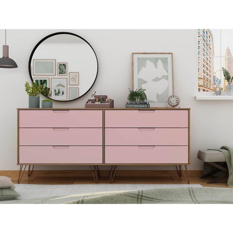 Rose Pink Double 6-Drawer Dresser with Hairpin Legs