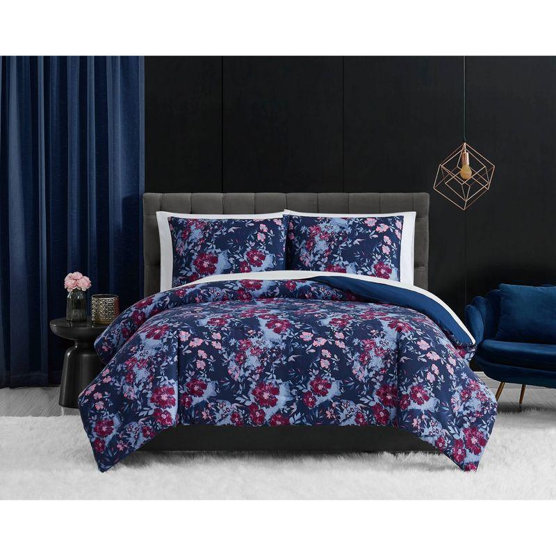 Full Blue Floral Cotton Sateen Comforter Set