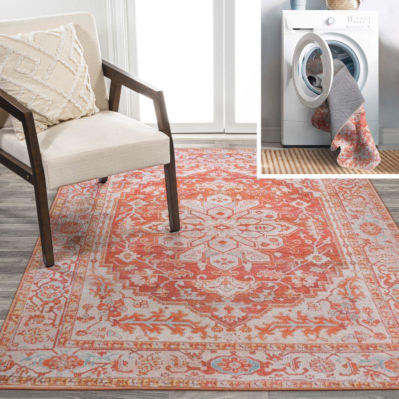 Orange and Cream Medallion Washable Synthetic Area Rug 4' x 6'