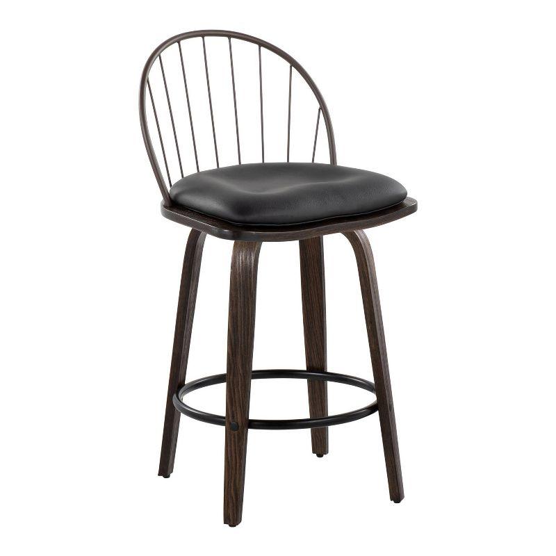 Walnut Bronze Swivel Counter Stool with Metal Backrest and Faux Leather Cushion