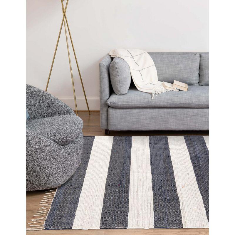 Unique Loom Chindi Rag Collection Area Rug - Striped (5' 1" x 8' Rectangle Navy Blue/Ivory)