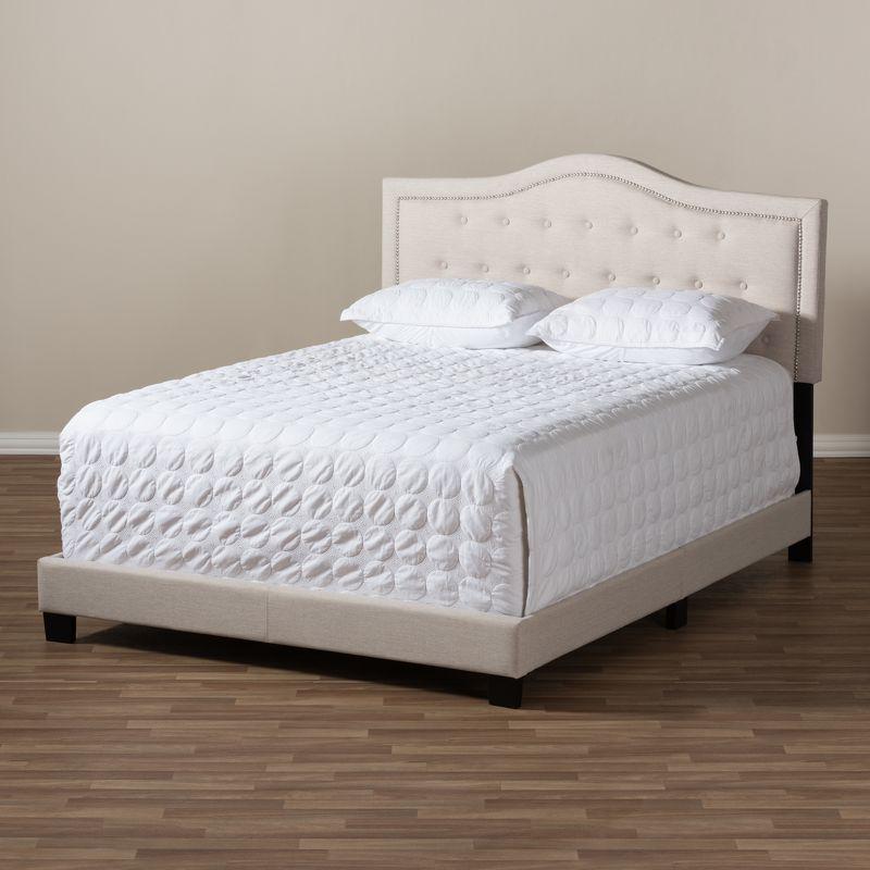 Elegant Beige King-Sized Upholstered Bed with Nailhead Trim