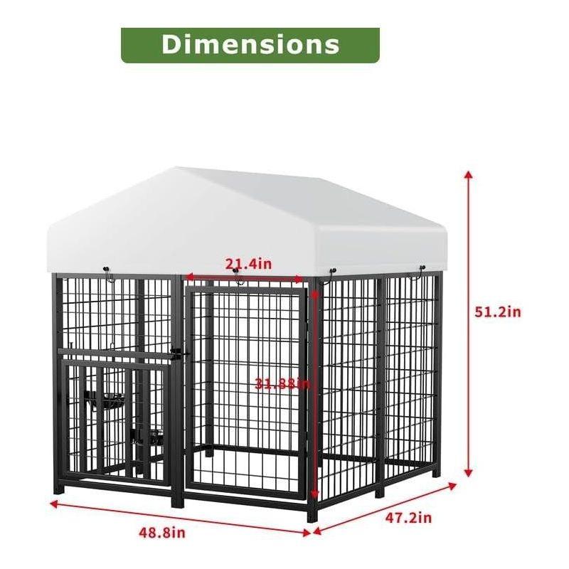 Large Black Metal Outdoor Dog Kennel with Roof and Bowls