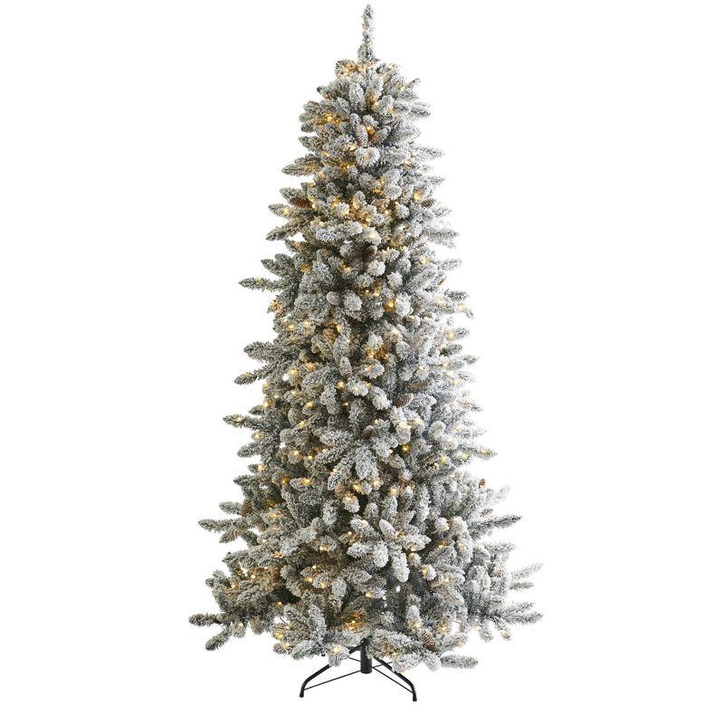 Nearly Natural Pre-Lit LED Flocked Livingston Fir Artificial Christmas Tree with Pinecones Clear Lights