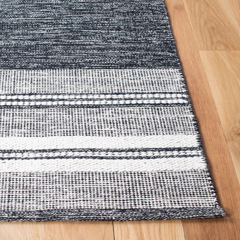 Ivory and Black Striped Kilim Square Wool Area Rug