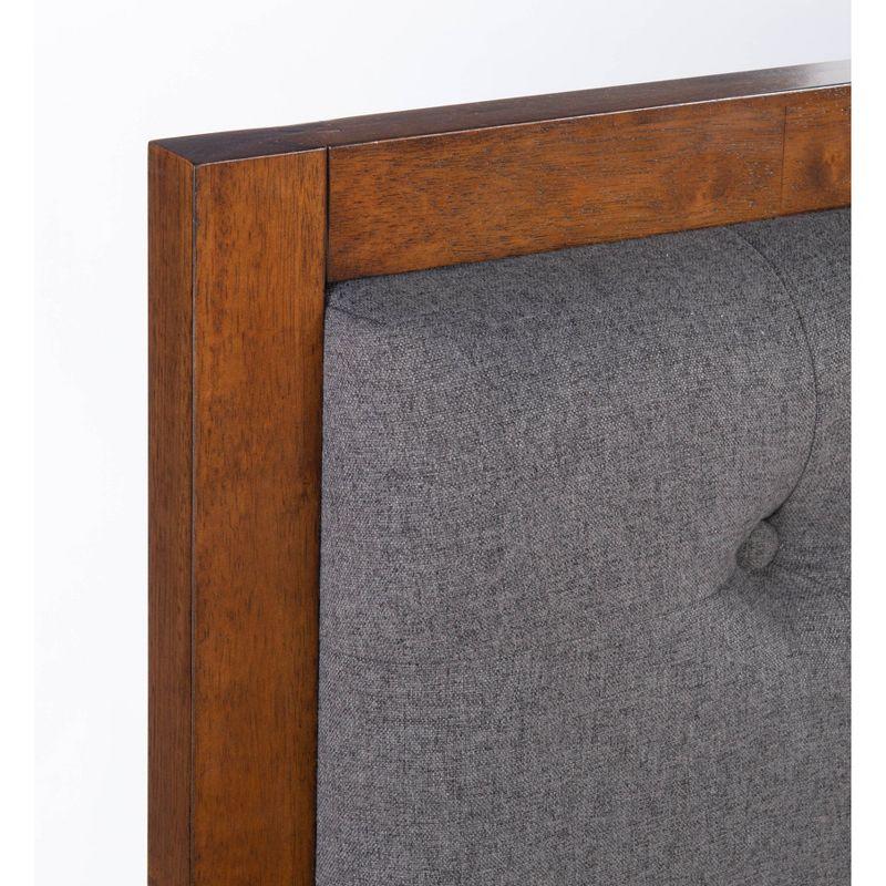 King Reid Mid-Century Platform Bed in Walnut Finish with Tufted Headboard in Gray Fabric - Linon: Upholstered Polyester, No Box Spring Needed