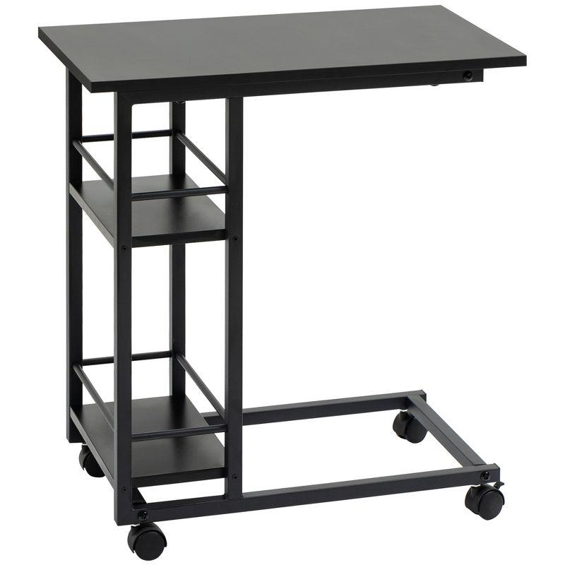 HOMCOM C Shaped End Table with Storage Shelves, Mobile Side Table with Wheels for Sofa Couch, Bed, Metal Frame