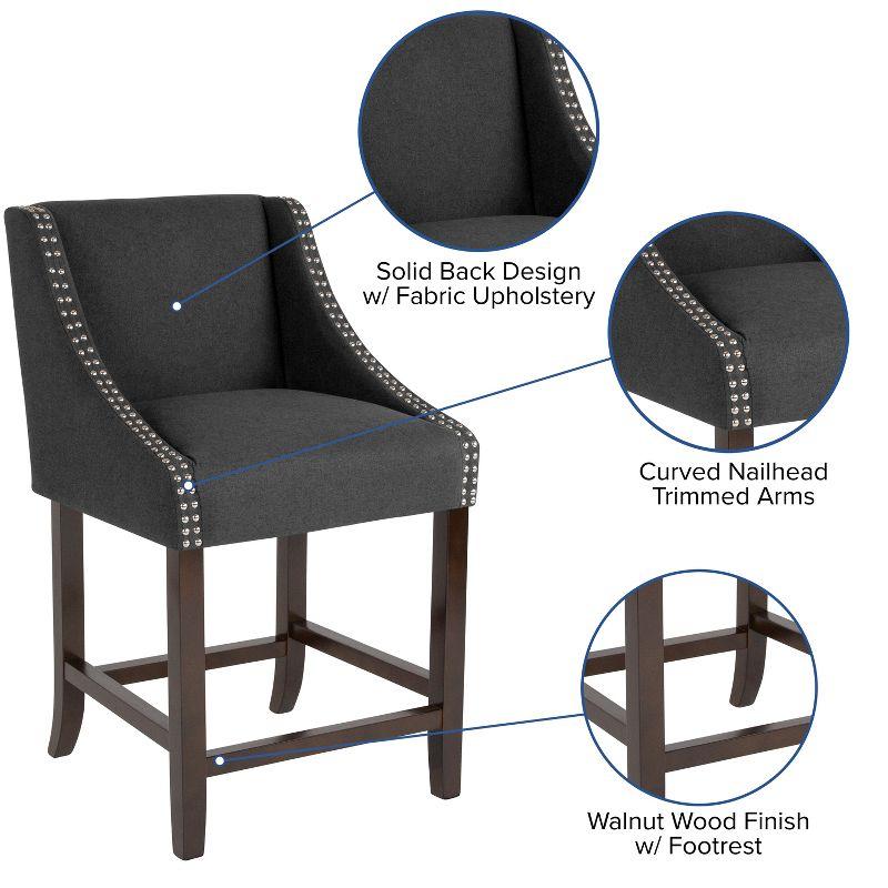 Flash Furniture Carmel Series 24" High Transitional Walnut Counter Height Stool with Nail Trim in Charcoal Fabric, Set of 2