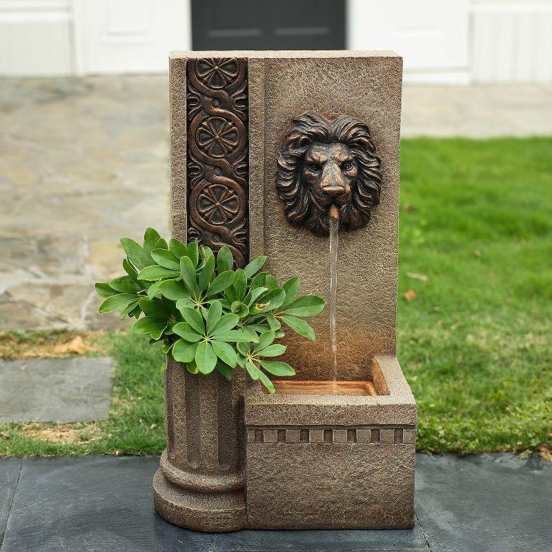 LuxenHome 25.8" H Sandstone Resin Regal Lion Head Floor Outdoor Water Fountain with Lights Brown