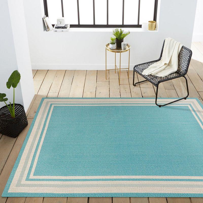 5' x 8' James Modern Border Stripe Indoor/Outdoor Area Rug, Aqua/Beige - JONATHAN Y