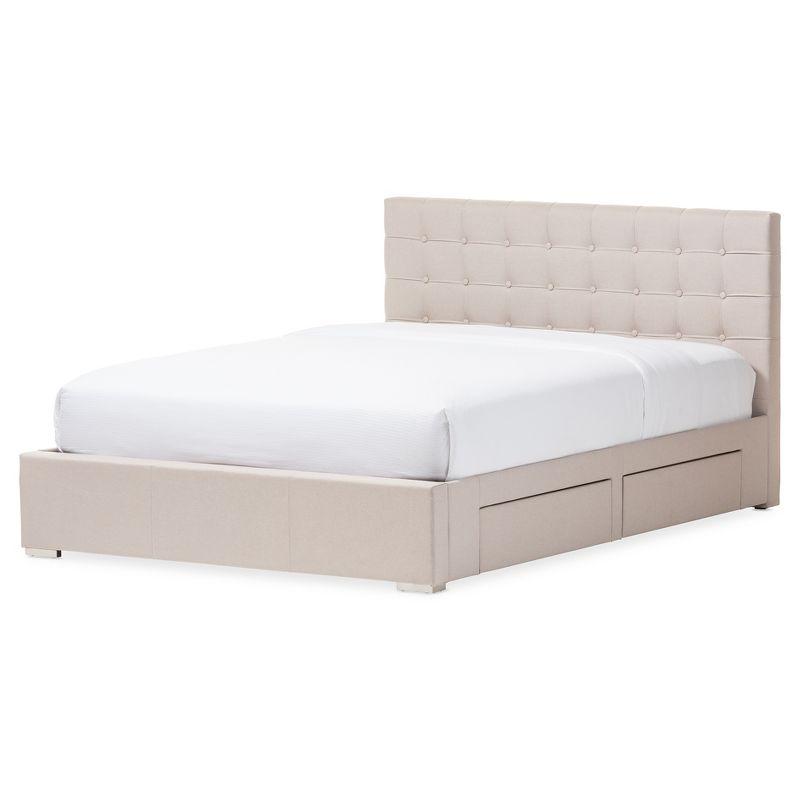 Rene Beige Fabric Upholstered Queen Bed with 4 Storage Drawers