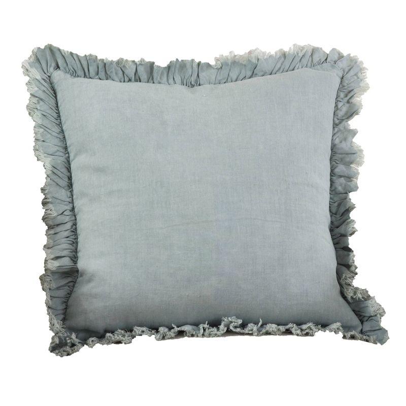 Blue Ruffled Linen Square Throw Pillow with Down Fill