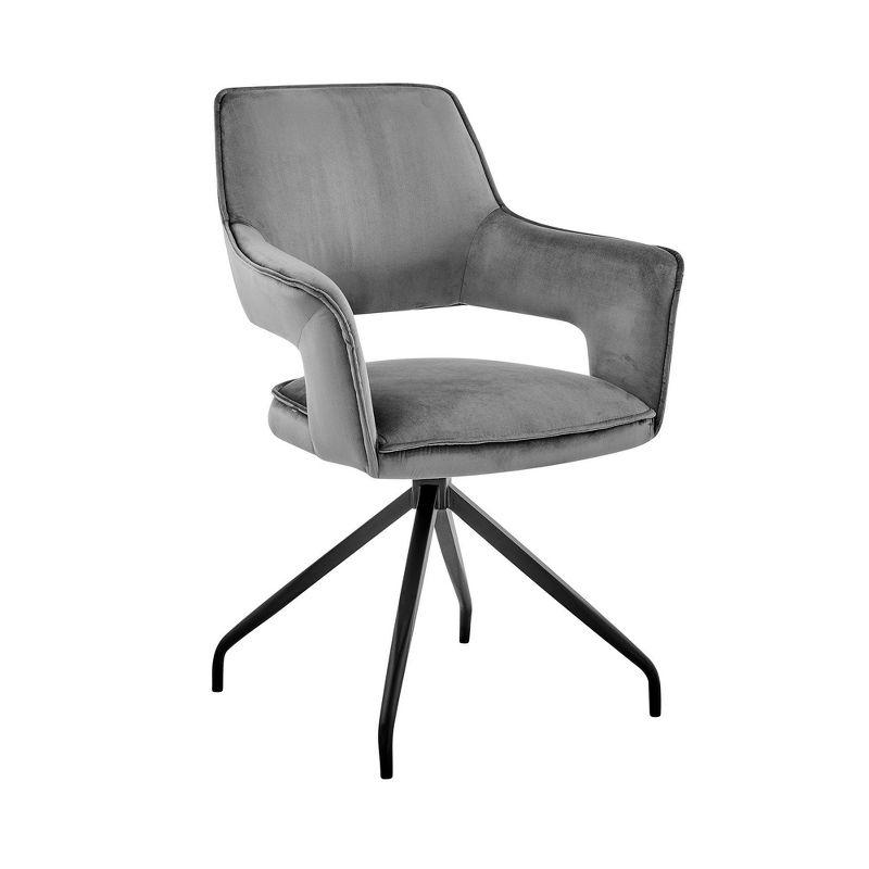 Contemporary Gray Velvet Upholstered Swivel Arm Chair with Metal Base