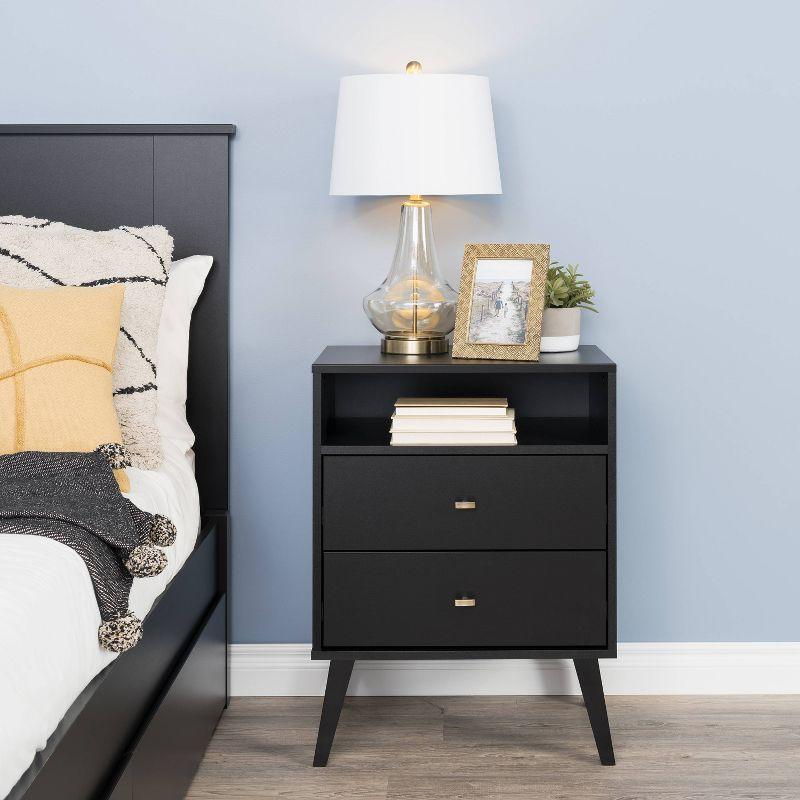 Milo Mid-Century Modern Black Nightstand with Brass Knobs and Open Shelf