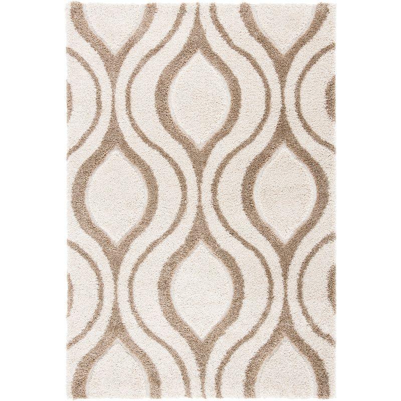 Ivory and Beige Geometric Hand-Knotted Shag Rug