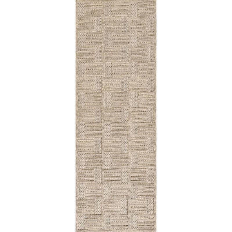 Beige Geometric Machine Made Indoor/Outdoor Runner Rug