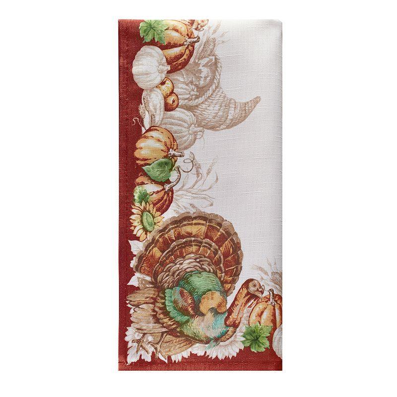 Holiday Turkey Bordered Fall Napkins, Set of 8 - 17" x 17" - White/Red - Elrene Home Fashions