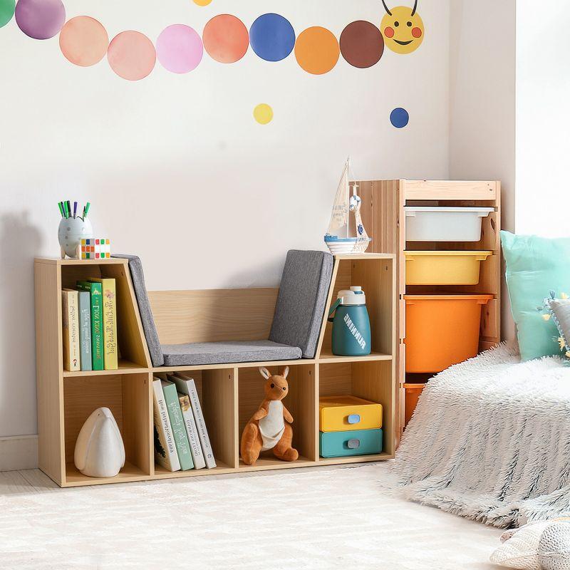 HOMCOM 6-Cubby Kids Bookcase, Reading Nook Organizer with Seat Cushion, Toddler Storage Cabinet Shelf for Playroom Bedroom Natual, 40.5" x 12" x 23.5"