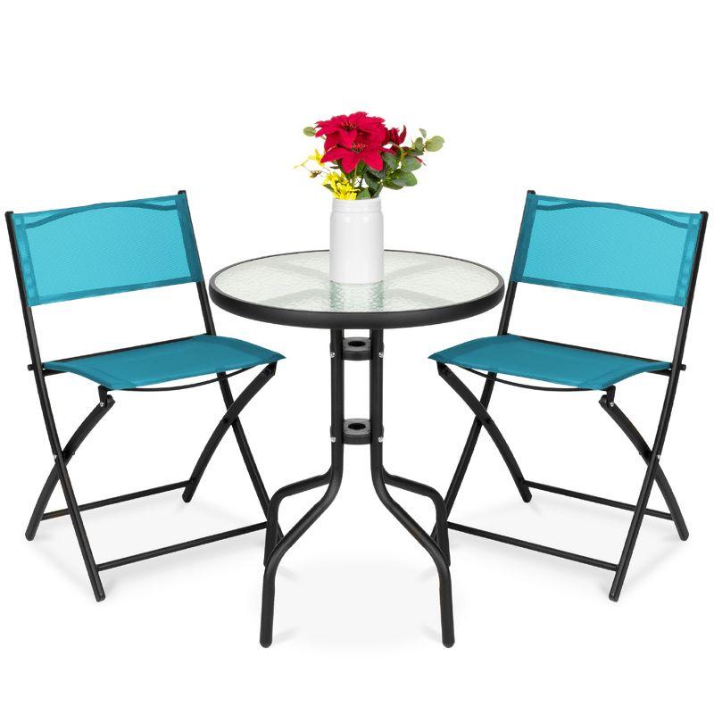 George Oliver 3-Piece Patio Bistro Dining Furniture Set W/ Glass Tabletop, Folding Chairs