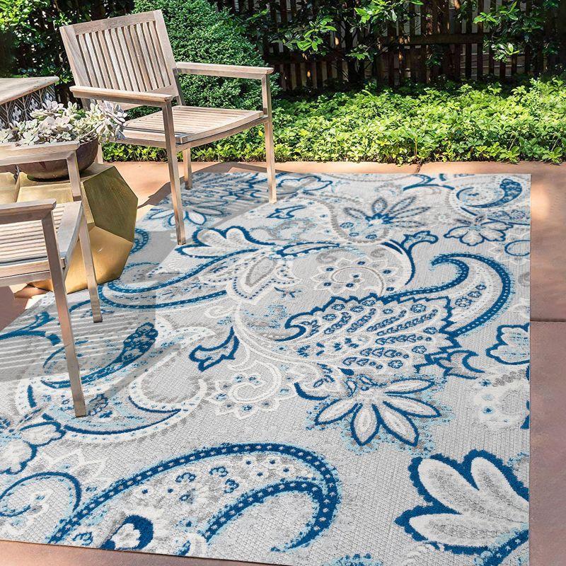 Paisley High-Low Light Gray and Blue Synthetic Indoor/Outdoor Rug