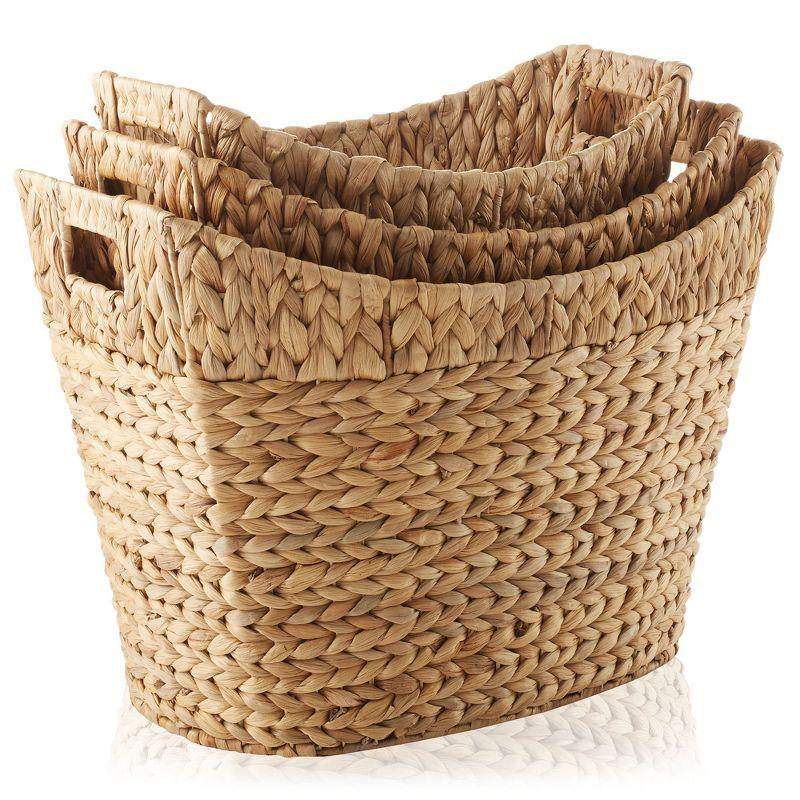 Casafield Set of 3 Water Hyacinth Oval Baskets with Handles - Natural, Woven Storage Totes for Blankets, Laundry, Bathroom, Bedroom, Living Room